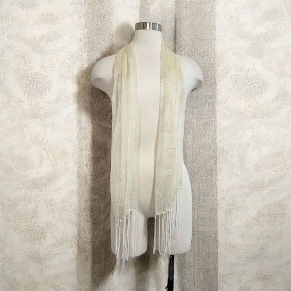 Cream Tan Butterfly Y2K Neck Scarf 90s Fringe Tassel Rhinestone - Picture 1 of 7